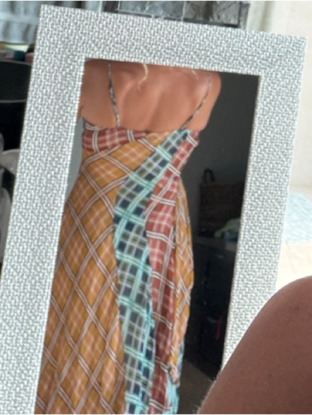 Maeve Multicolor Plaid Asymmetrical Slip Dress with Teal & Mustard Panels - Picture 4 of 11